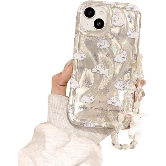 Designed for iPhone Case,Cute Feather Bunny Pattern with Bunny Pearl Hand Bracelet Shockproof Protective Cover Phone Case (iPhone 12 Pro,Off-White)