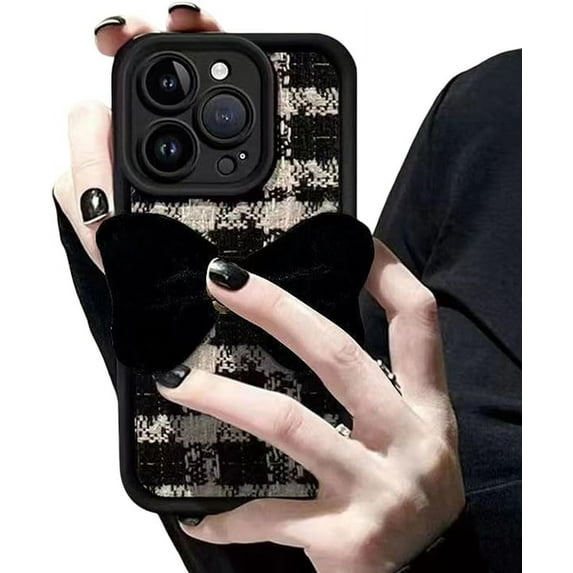 Designed for iPhone Case,Luxury 3D Bow Grid Pattern Camera Lens Protection Shockproof Protective Cover Phone Case (iPhone 12 Pro,Black)