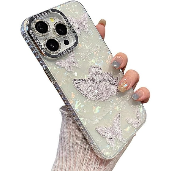 Designed for iPhone Case,Luxury Butterfly Pearl Pattern (Glitter Lens Protector) Shockproof Protective Cover Phone Case (iPhone 14 Pro,White)