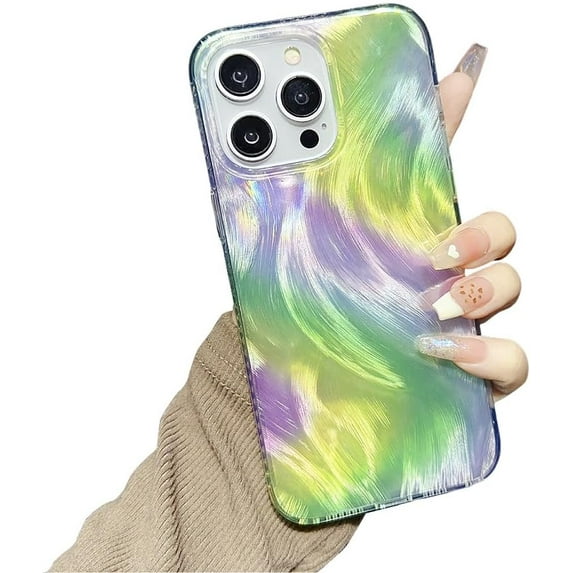 Designed for iPhone Case,Luxury Crystal Mixed Color Feather Pattern Blu-ray Gradient Shockproof Protective Cover Phone Case (iPhone 14 Pro,Green)