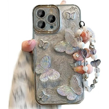 Designed for iPhone Case,Luxury Electroplated 3D Butterfly with Hand Bracelet Shockproof Protective Cover Phone Case (iPhone 14,Grey)