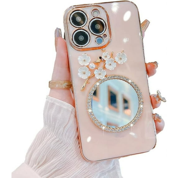 Designed for iPhone Case,Luxury Electroplated 3D Flower Mirror Camera Lens Protect Shockproof Protective Cover Phone Case (iPhone 13 Pro,Pink)