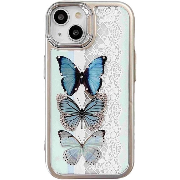 Designed for iPhone Case,Luxury Electroplated Hollow Lace Glitter Butterfly Shockproof Protective Cover Phone Case (iPhone 14 Pro Max,White)