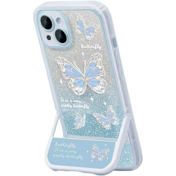 Designed for iPhone Case,Luxury Glitter Bling Butterfly Pattern with Kickstand Camera Lens Protection Shockproof Cover Phone Case (iPhone 11,Blue)