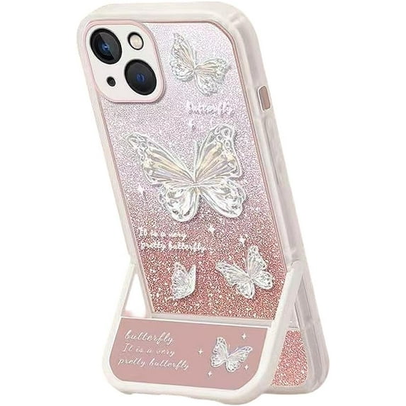 Designed for iPhone Case,Luxury Glitter Bling Butterfly Pattern with Kickstand Camera Lens Protection Shockproof Cover Phone Case (iPhone 14,Pink)