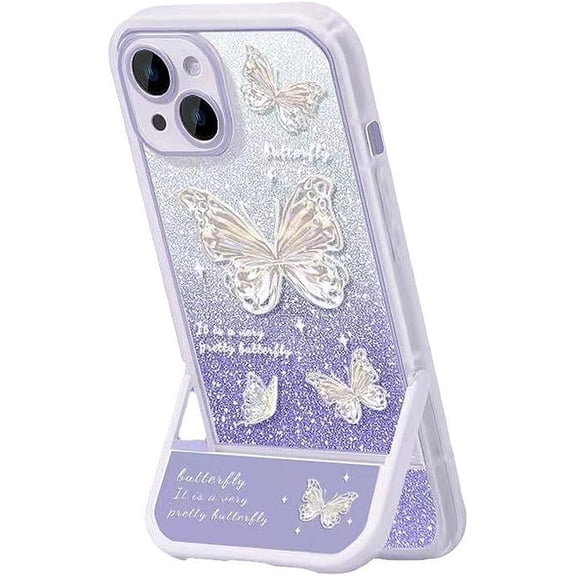 Designed for iPhone Case,Luxury Glitter Bling Butterfly Pattern with Kickstand Camera Lens Protection Shockproof Cover Phone Case (iPhone 15,Purple)