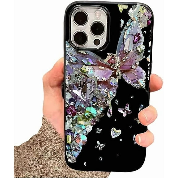 Designed for iPhone Case,Luxury Glitter Bling Rhinostone Butterfly Pattern Silicone Shockproof Cover Phone Case (iPhone 11,Black)