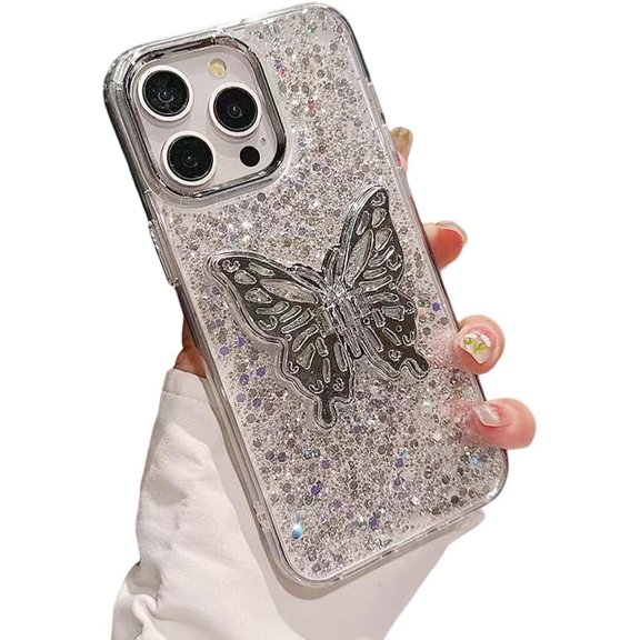 Designed for iPhone Case,Luxury Glitter Dripping Glue Glittering Butterfly Silicone Shockproof Protective Cover Phone Case (iPhone 12 Pro Max,Silver)