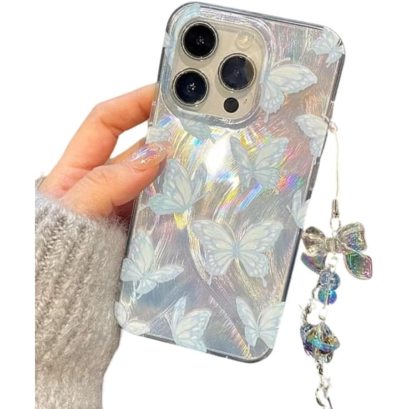Designed for iPhone Case,Luxury Glitter Feather Butterfly Pattern with Hand Bracelet Shockproof Protective Cover Phone Case (iPhone 14 Pro,White)