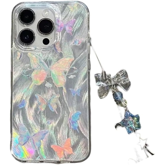 Designed for iPhone Case,Luxury Glitter Feather Butterfly Pattern with Hand Bracelet Shockproof Protective Cover Phone Case (iPhone 15 Pro,Color)