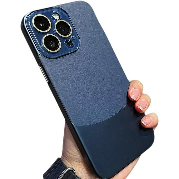 Designed for iPhone Case,Luxury Matte Pu Leather Crystal Camera Lens Protection Shockproof Protective Cover Phone Case (Blue,iPhone 15 Pro Max)