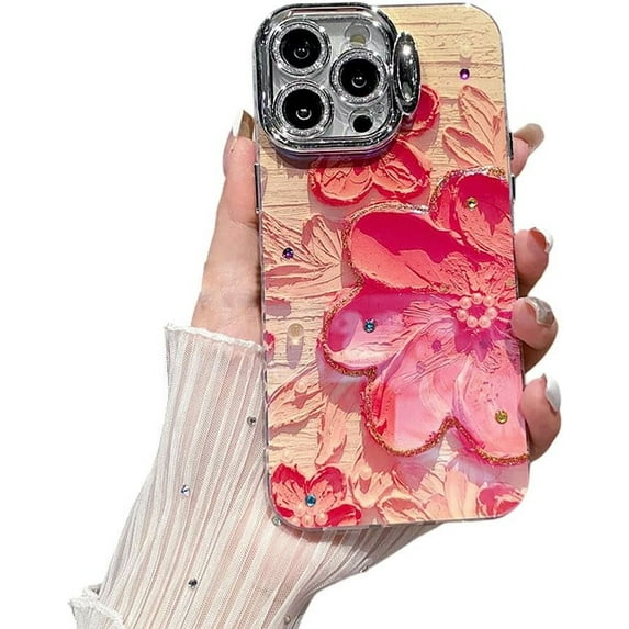Designed for iPhone Case,Luxury Oil Flower Pattern Camera Lens Protection Kickstand Shockproof Protective Cover Phone Case (iPhone 14 Pro Max,Pink)