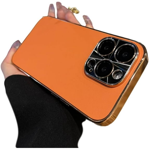 Designed for iPhone Case,Luxury Premium Faux Leather Camera Lens Protection Shockproof Protective Cover Phone Case (Orange,iPhone 14 Pro Max)