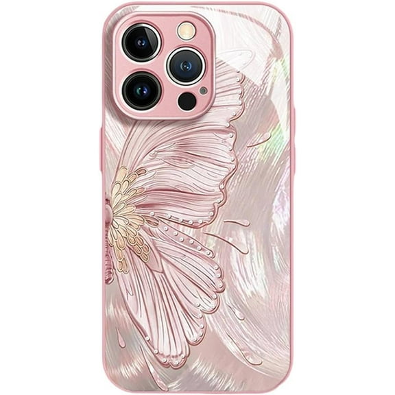 Designed for iPhone Case,Luxury Tempered Glass Butterfly Pattern Camera Lens Protection Shockproof Protective Cover Phone Case (Pink,iPhone 15)