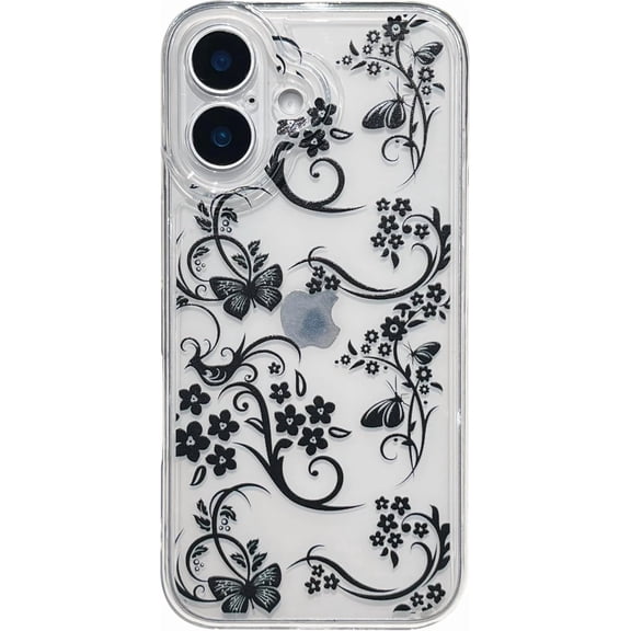 Designed for iPhone Case, Retro Black Flower Butterfly Clear Soft Phone Case (Clear, for iPhone 16)