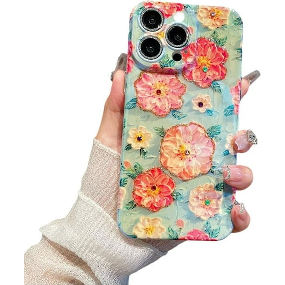 Designed for iPhone Case,Retro Oil Painting Flower Floral Laser Camera Lens Protection Shockproof Protective Cover Phone Case (iPhone 15 Pro,Green)
