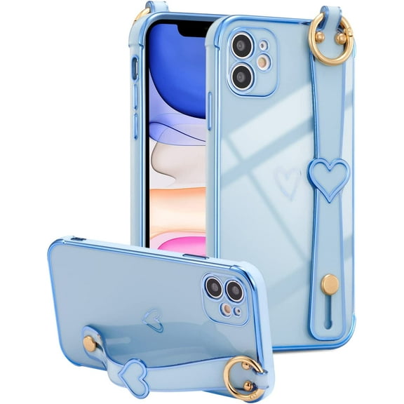 Designed for iPhone 11 6.1 inch Case,Luxury Plating Edge Love Hearts Pattern with Wristband Kickstand Camera Lens Protection,Soft Shockproof Cover for Girls Women,Blue