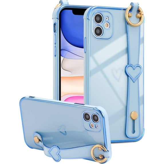 Designed for iPhone 11 6.1 inch Case,Luxury Plating Edge Love Hearts Pattern with Wristband Kickstand Camera Lens Protection,Soft Shockproof Cover for Girls Women,Blue