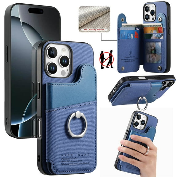 Designed for iPhone 11 Back Wallet Case with Card Holder Slots, [Rotatable Ring Holder Stand & Secure Grip Ring] [RFID Blocking PU Leather Protection] Shockproof Protective Cover, Blue