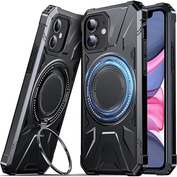 Designed for iPhone 11 Case, Hard Rugged Shockproof Shockproof, with 360 Rotate Ring Kickstand, Heavy Duty Protection Hard Phone Case Cover for iPhone 11, Black