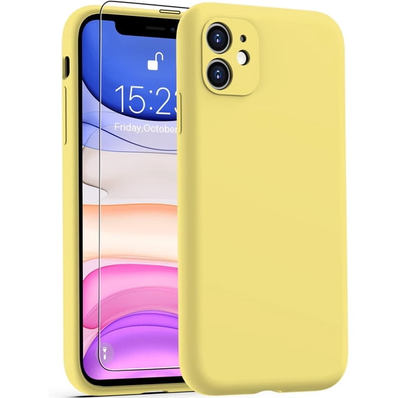 Designed for iPhone 11 Case with Screen Protector - Enhanced Camera Cover - Soft Microfiber Lining - Liquid Silicone Shockproof Protective Phone Case 6.1" for Men Women Girls - Yellow