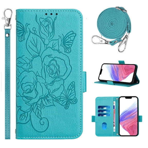 Designed for iPhone 11 Case Wallet, Women Flip Folio Cover with Embossed PU Leather Stand Credit Card Holders Slots Wrist Strap + Shoulder Strap Phone Case, RFID Blocking, Blue