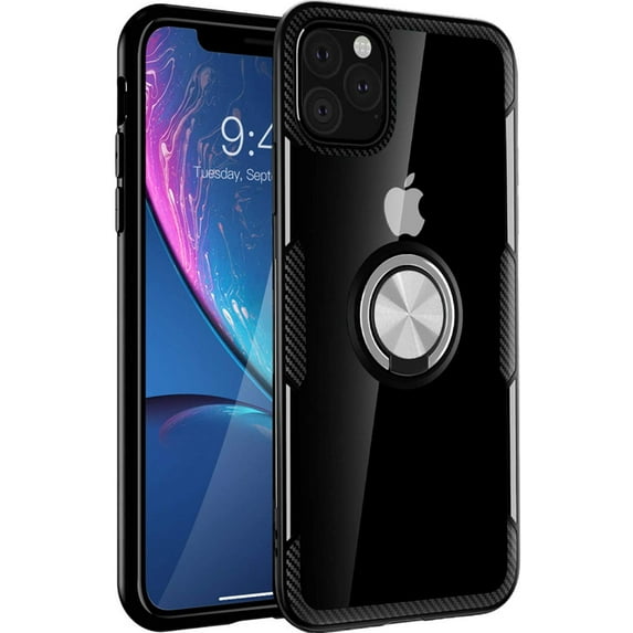 Designed for iPhone 11 Pro Max Case 6.5 inch, Carbon Fiber Design Clear Crystal Anti-Scratch Case with 360 Degree Rotation Ring Kickstand(Work with Magnetic Car Mount) for iPhone 11 Pro Max,Black