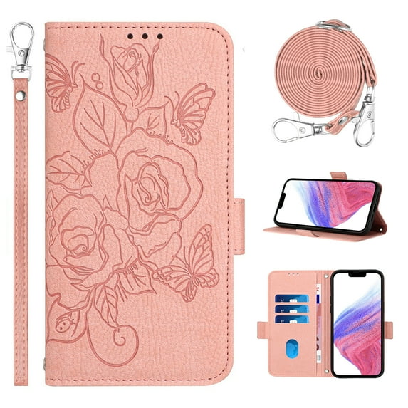 Designed for iPhone 11 Pro Max Case Wallet, Women Flip Folio Cover with Embossed PU Leather Stand Credit Card Holders Slots Wrist Strap + Shoulder Strap Phone Case, RFID Blocking, Pink