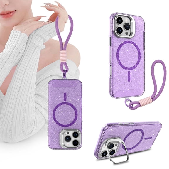 Designed for iPhone 11 Pro Max Phone Case,Compatible with Mag-safe,With Contractile Lens Ring Kickstand,Wrist Strap,Bling Glitter Transparent Back Shockproof Ultra Slim Phone Case,Purple