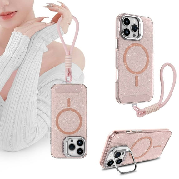 Designed for iPhone 11 Pro Max Phone Case,Compatible with Mag-safe,With Contractile Lens Ring Kickstand,Wrist Strap,Bling Glitter Transparent Back Shockproof Ultra Slim Phone Case,Pink