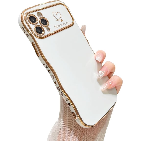 Designed for iPhone 11 Pro case Cute Wavy Edge Luxury electroplated Love Phone case for Women Girls, Full Camera Lens Protection Shockproof Phone case for iPhone 11 Pro,White