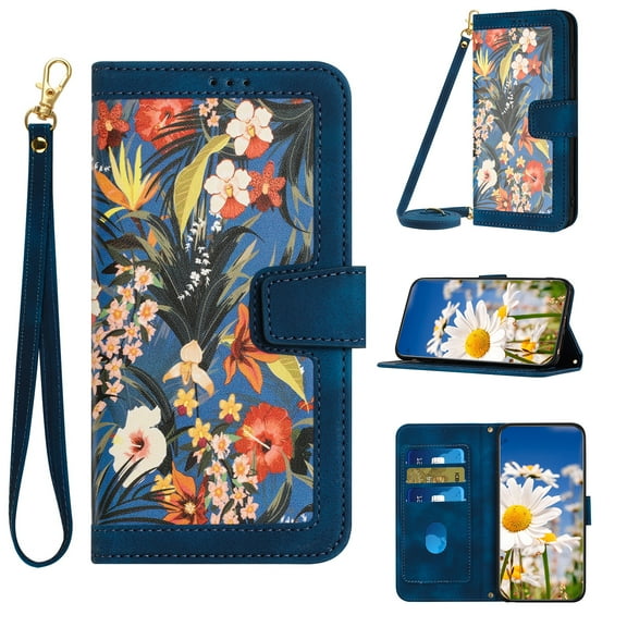 Designed for iPhone 11 Wallet Case Cute for Women, Premium PU Leather Flip Kickstand Cover with Card Holder [Long Crossbody Strap + Short Wrist Lanyard] Magnetic Closure Phone Case,Darkblue