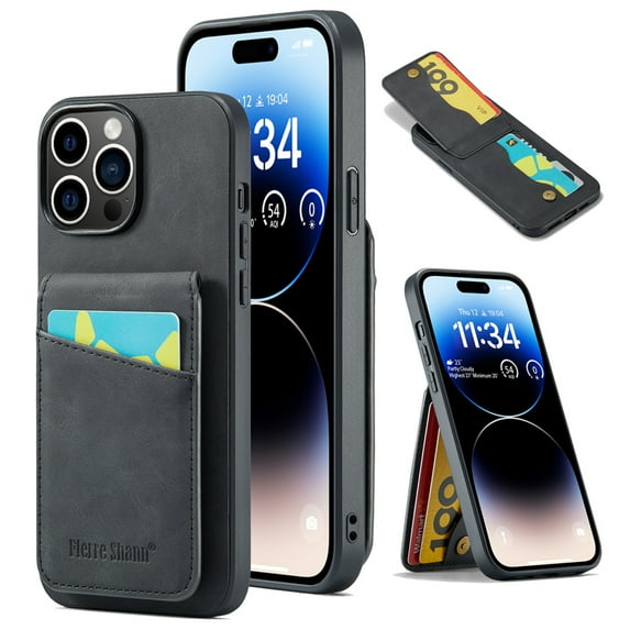 Designed for iPhone 12/12 Pro Credit Card Slots Flip Wallet Back Case, Vintage Ultra Slim Premium PU Leather Magnetic Snap Kickstand Drop Protective Phone Cover with RFID Blocking, Black