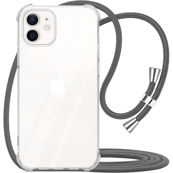 Designed for iPhone 12 Clear Case,iPhone 12 Pro Phone Case with Adjustable Neck Cord Lanyard Strap,Soft Slim Transparent TPU Anti-Yellowing Shockproof Case with Crossbody Shoulder Strap - Gray