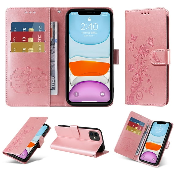 Designed for iPhone 12 Mini Case Wallet,Women Flip Folio Cover with Butterfly & Flower Embossed PU Leather Stand Credit Card Holders Slots Wrist Strap Shockproof Phone Case,Pink