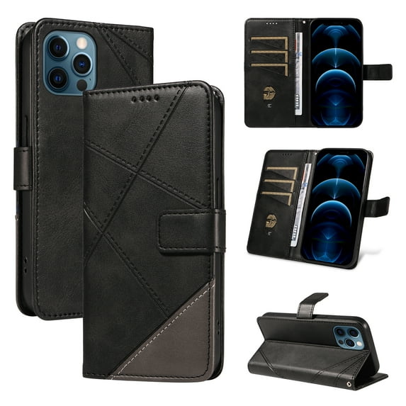 Designed for iPhone 12 Pro / 12 6.1" Case Wallet, Men Women Flip Folio Cover with PU Leather Stand Credit Card Holders Slots Wrist Strap Magnetic Clasp Phone Case for iPhone 12 Pro / 12 6.1", Black