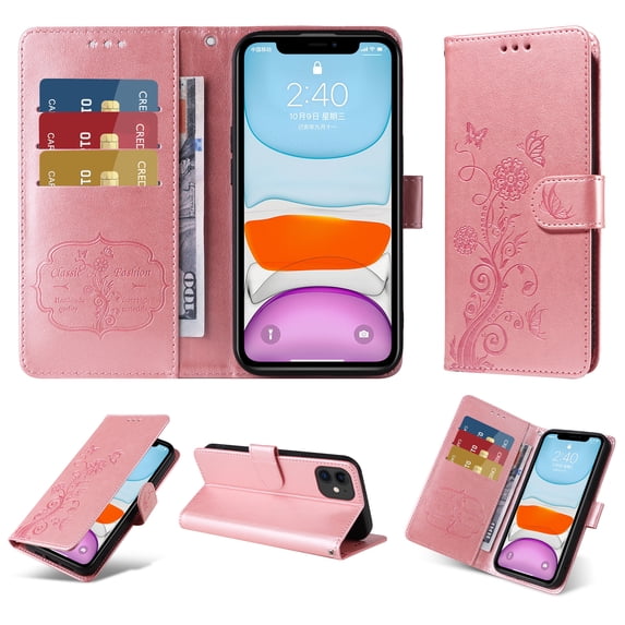 Designed for iPhone 12 Pro / 12 6.1" Case Wallet,Women Flip Folio Cover with Butterfly & Flower Embossed PU Leather Stand Credit Card Holders Slots Wrist Strap Shockproof Phone Case,Pink