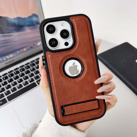 Designed For iPhone 12 Pro / 12 6.1" Phone Case,Built-in Contractile Kickstand,Logo View PU Leather Shockproof Anti-fall Ultra Slim Lightweight Rugged Scratch-Resistant Durable Phone Case,Brown