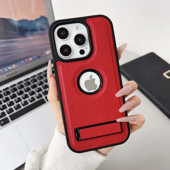 Designed For iPhone 12 Pro / 12 6.1" Phone Case,Built-in Contractile Kickstand,Logo View PU Leather Shockproof Anti-fall Ultra Slim Lightweight Rugged Scratch-Resistant Durable Phone Case,Red
