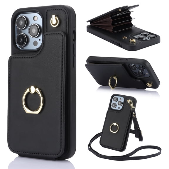 Designed for iPhone 12 Pro / iPhone 12 6.1" Case Wallet with Card Holder for Women Girls, Crossbody Case with Lanyard Strap, Protective PU Leather Purse Case with Ring Holder Stand - Black