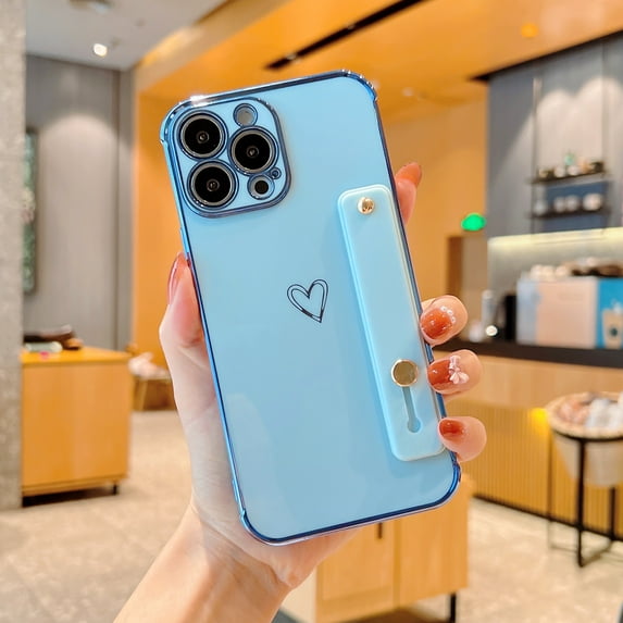 Designed for iPhone 12 Pro 6.1 inch Case with Strap Luxury Love Heart Plating Gold Bumper Phone Cover Wristband Kickstand Full Body Protective Slim Case for Women for iPhone 12 Pro - Blue