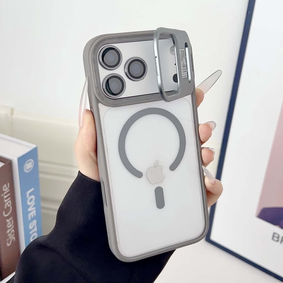 Designed for iPhone 12 Pro Max Case, Magnetic Compatible with MagSafe | Built-in Metal Camera Stand & Camera Lens Protector | Anti-Yellowing & Scratch-Resistant Crystal Clear Back Cover, Gray