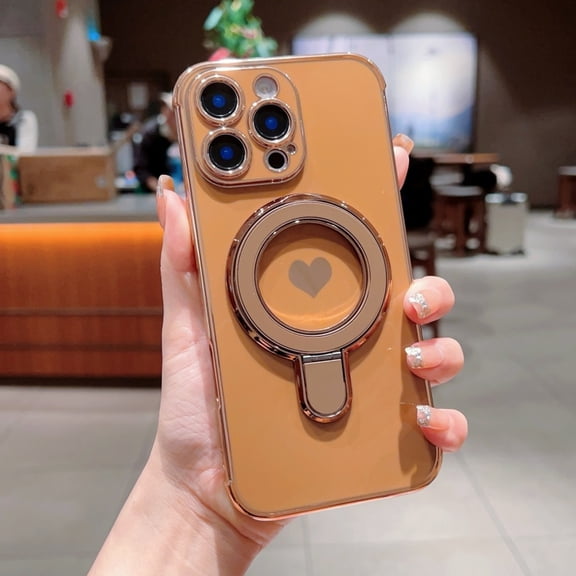 Designed for iPhone 12 Pro Max Case, Plating Frame Protective Ring Kickstand Holder Cute Side Heart Pattern Lightweight Shockproof Anti-Scratch Phone Case for Girls, Desertgold