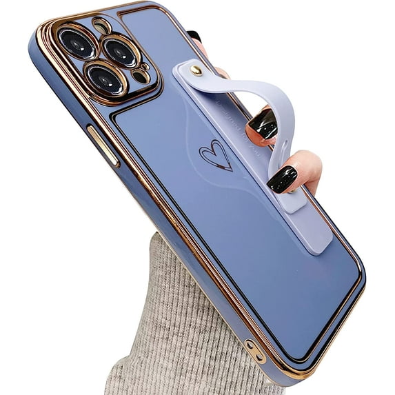 Designed for iPhone 12 Pro Max Case with Wrist Strap Loop Luxury Love Heart Plating Gold Bumper Phone Cover Wristband Kickstand Full Body Protective Slim Case for Women-Purple