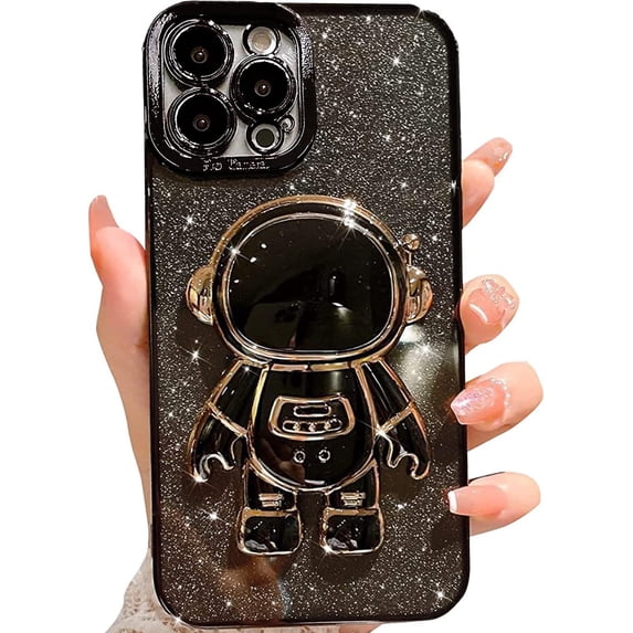 Designed for iPhone 12 Pro Max Glitter Case Luxury Plating Astronaut Hidden Stand Case, Cute 3D Kickstand, Bling Slim Thin Shockproof for Women Girls Protective Clear Phone Cover Case, Black