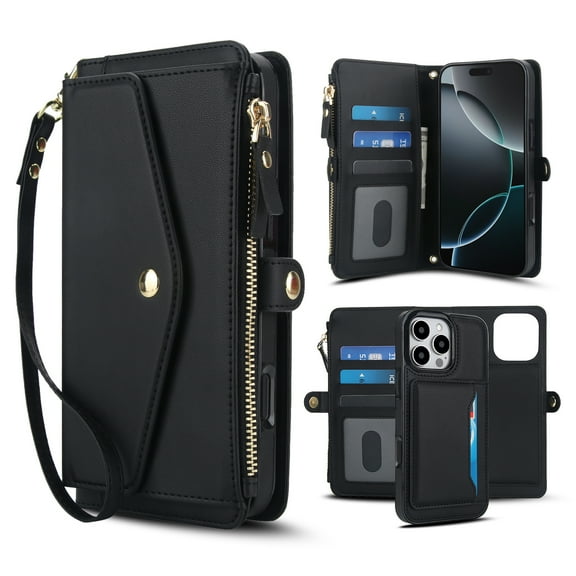 Designed for iPhone 12 Pro Max Multi-Function Wallet Phone Case,With Shoulder Strap&Wrist Strap,Cash Pocket&Card Slots,Zipper Purse,Magnetic Detachable PU Leather Flip Phone Case,Black