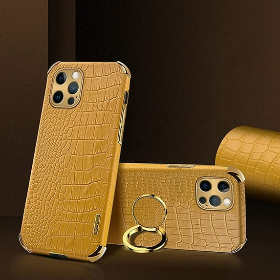 Designed for iPhone 12 Pro Ring Holder Case Luxury Crocodile Cover Gold Edge 360 Degree Rotation Stand for Women Girls Slim Leather Snake Lizard Skin Protective Cover case, 6.1 Inch, Yellow