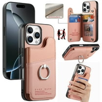 Designed for iPhone 13 Back Wallet Case with Card Holder Slots, [Rotatable Ring Holder Stand & Secure Grip Ring] [RFID Blocking PU Leather Protection] Shockproof Protective Cover, Pink