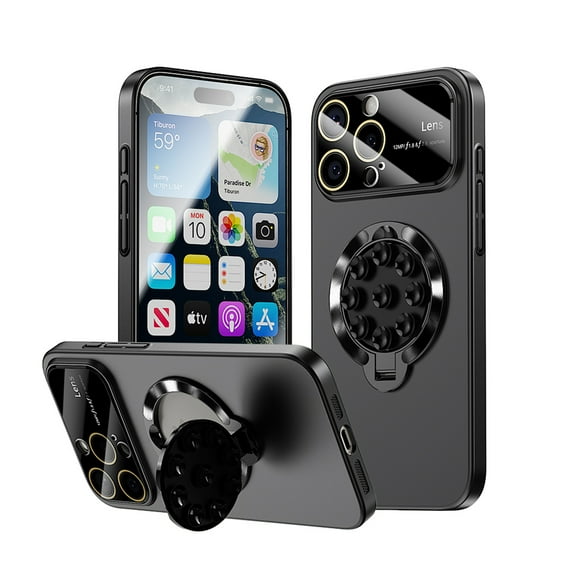 Designed for iPhone 13 Case with Camera Lens Protector, Magnetic Invisible Stand [Compatible with Mag-Safe] Military Drop Protection Shockproof Anti-Slip Suction Cup Phone Cover, Black
