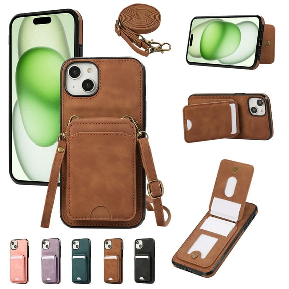 Designed for iPhone 13 Case with Card Holder Crossbody Lanyard Strap PU Leather RFID Blocking Wallet Case with Back Magnetic Clasp Flip Kickstand Heavy Duty Protective Cover,Brown